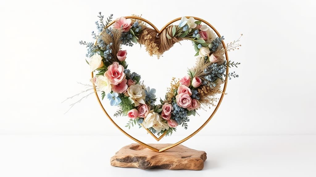 Floraler Herzkranz auf einem natürlichen Holzsockel