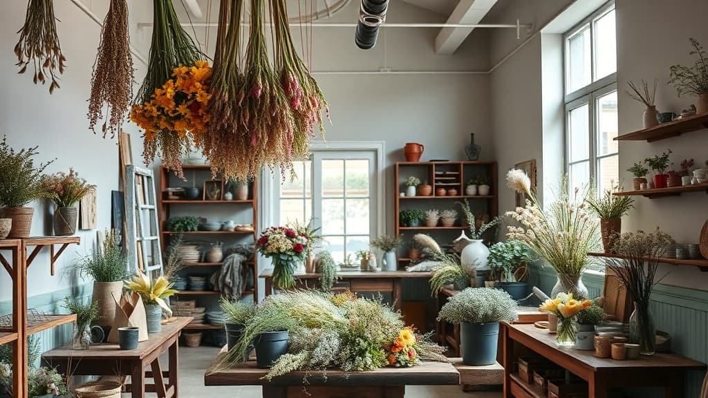 Florale Werkstatt mit Blumen und natürlichen Materialien